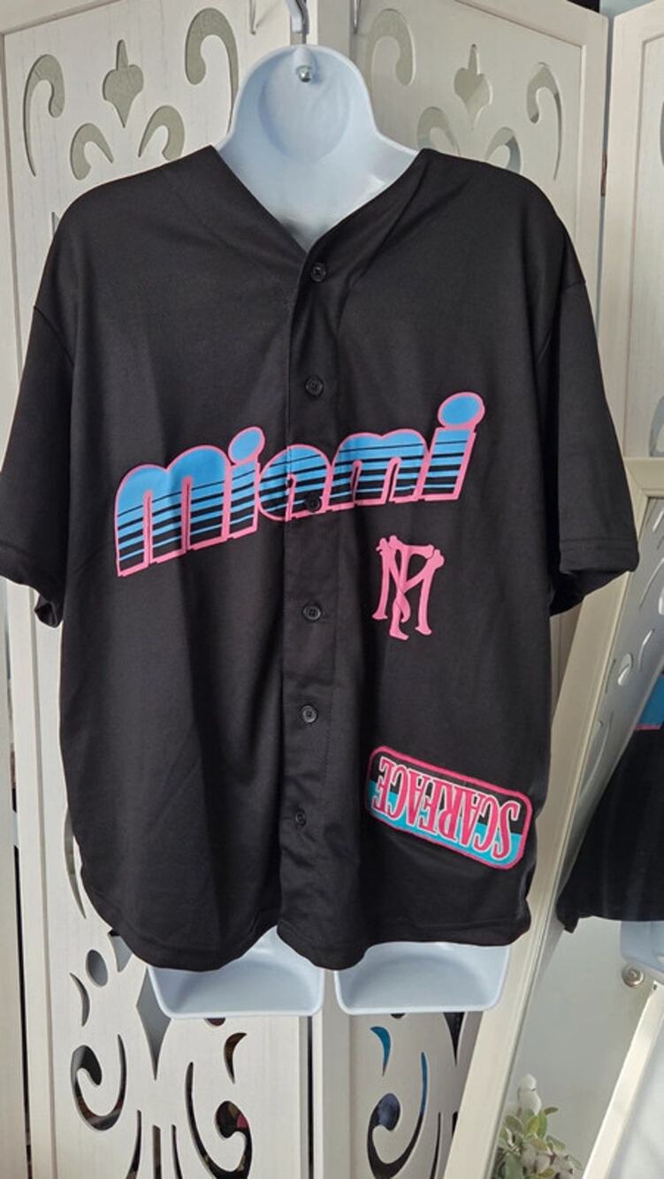 Scarface Miami Montana 83 Jersey Shirt Black Pink Blue Ripple Junction L NWOT